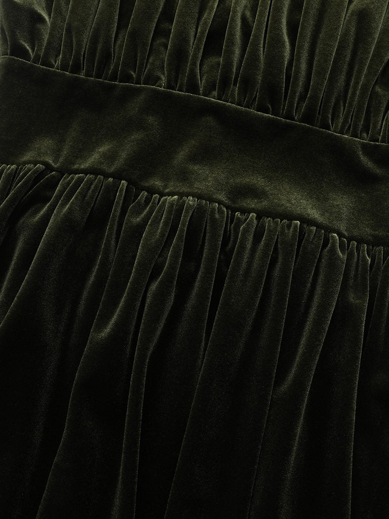 Abito in velluto con scollo a V profondo arricciate verde anni '40