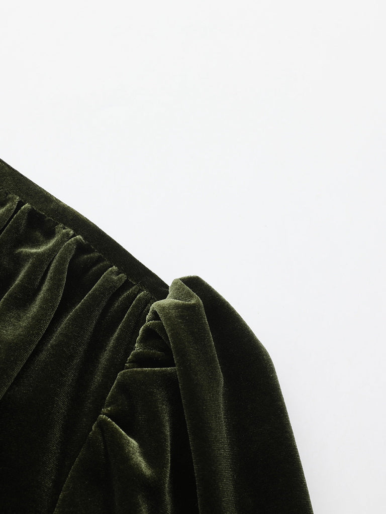 Abito in velluto con scollo a V profondo arricciate verde anni '40