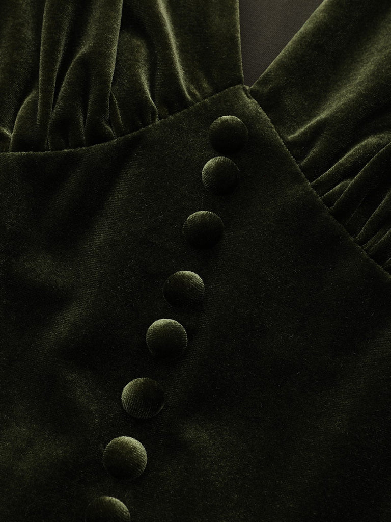 Abito in velluto con scollo a V profondo arricciate verde anni '40