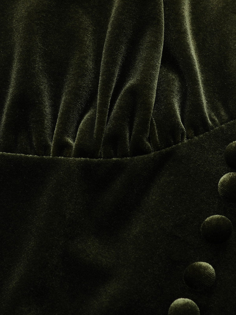Abito in velluto con scollo a V profondo arricciate verde anni '40