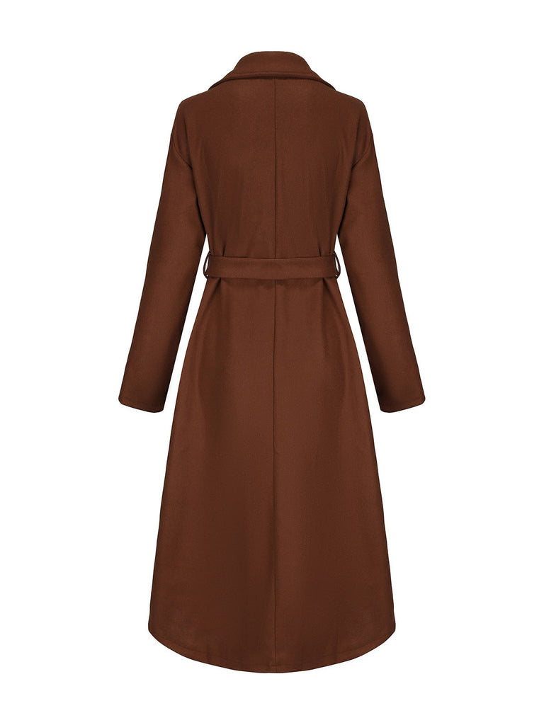 Cappotto lungo in finta lana con colletto a dente marrone anni '30