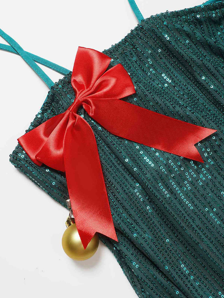 Abito con fiocco e campanellino di Natale e paillettes verde anni '60