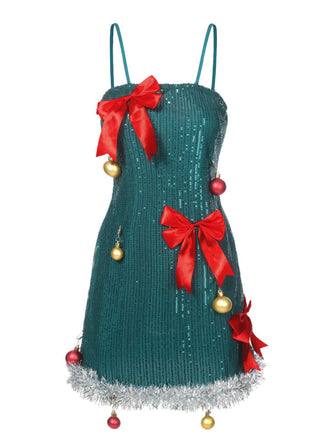 Abito con fiocco e campanellino di Natale e paillettes verde anni '60