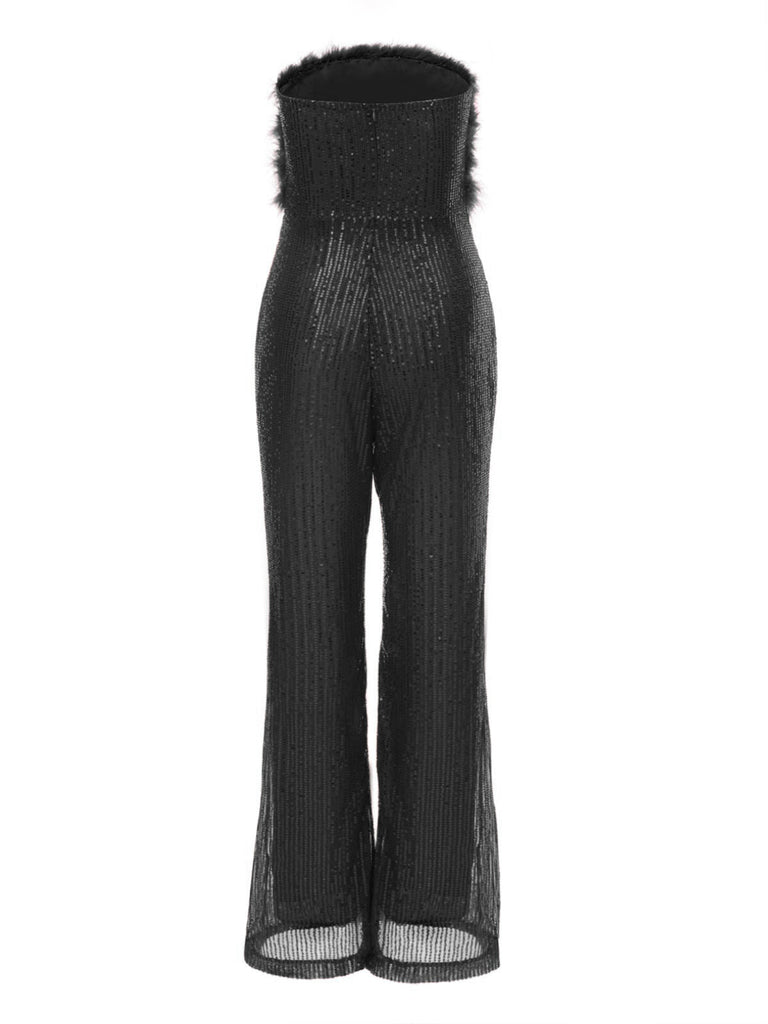 Tuta lunga di piume e paillettes senza spalline con patchwork anni '50