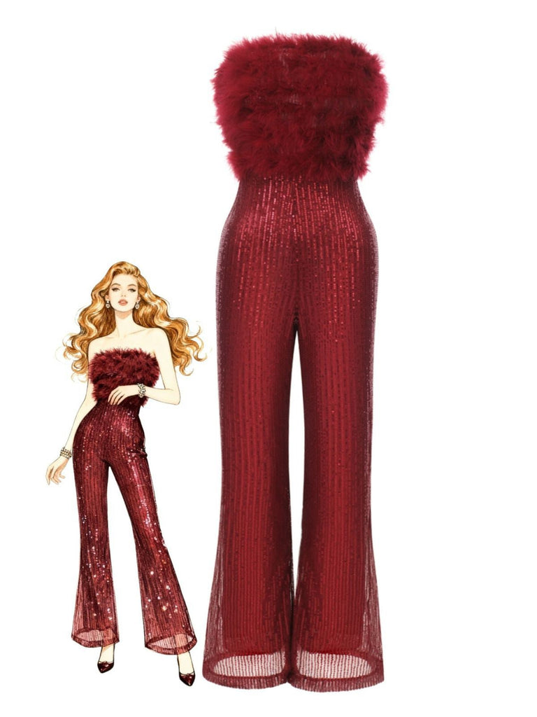 Tuta lunga di piume e paillettes senza spalline con patchwork anni '50