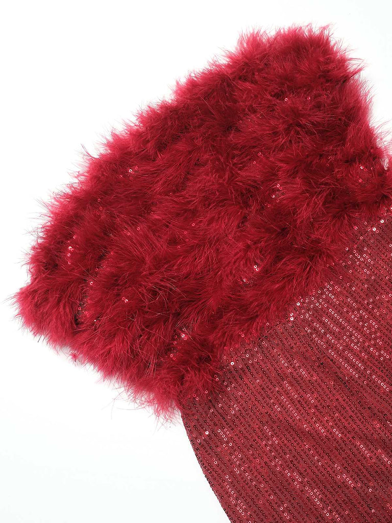 Tuta lunga di piume e paillettes senza spalline con patchwork anni '50