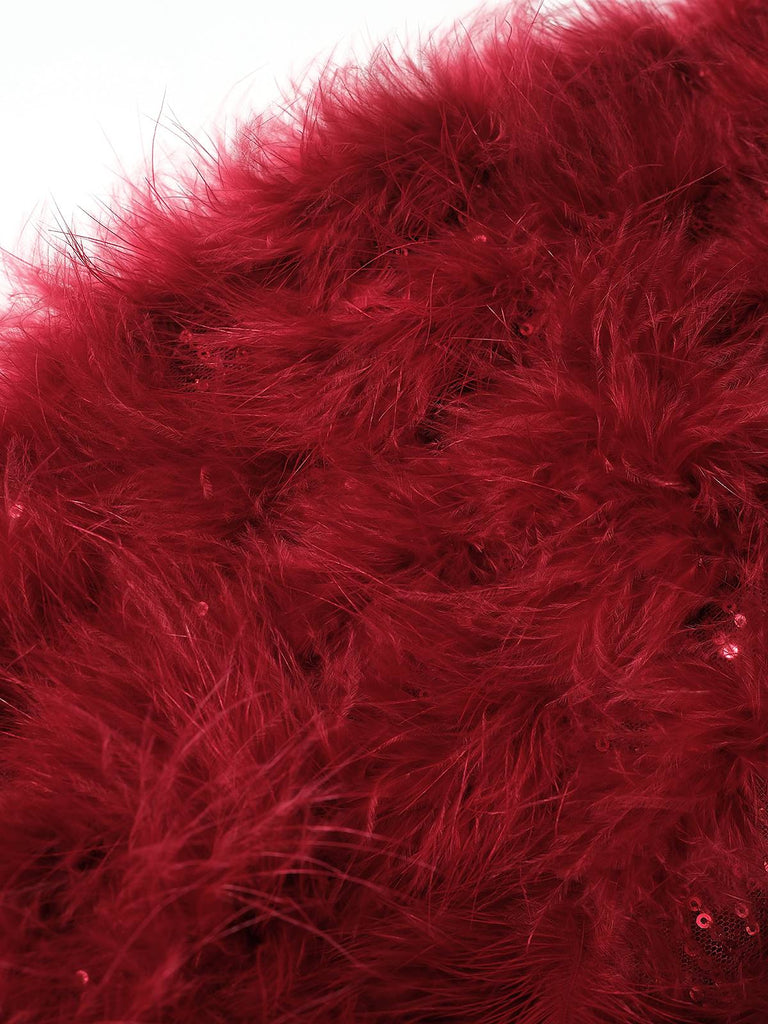 Tuta lunga di piume e paillettes senza spalline con patchwork anni '50