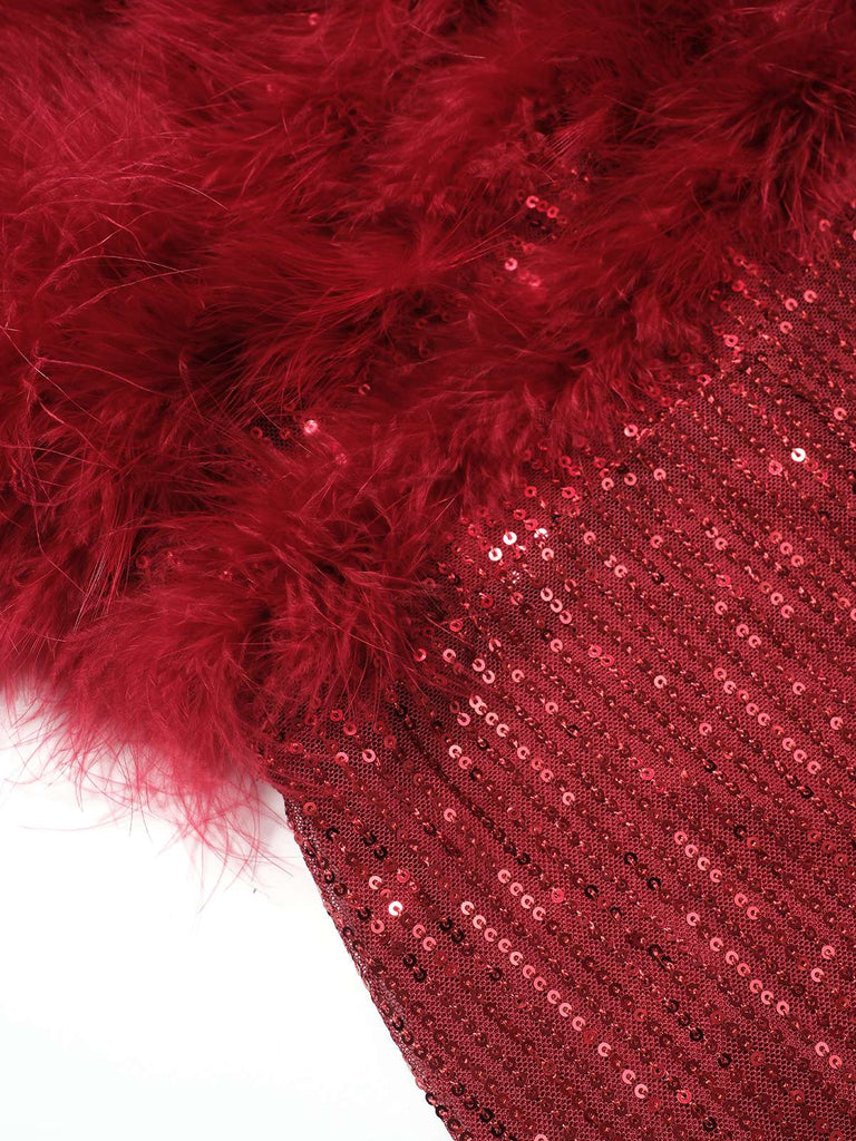 Tuta lunga di piume e paillettes senza spalline con patchwork anni '50