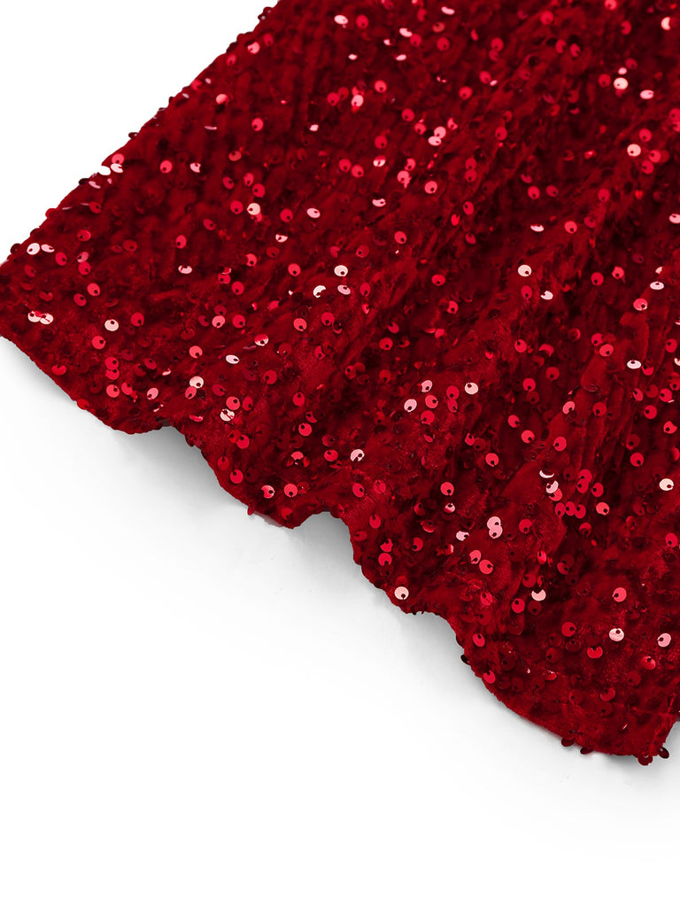 Abito aderente con spacco e paillettes monospalla rosso anni '30