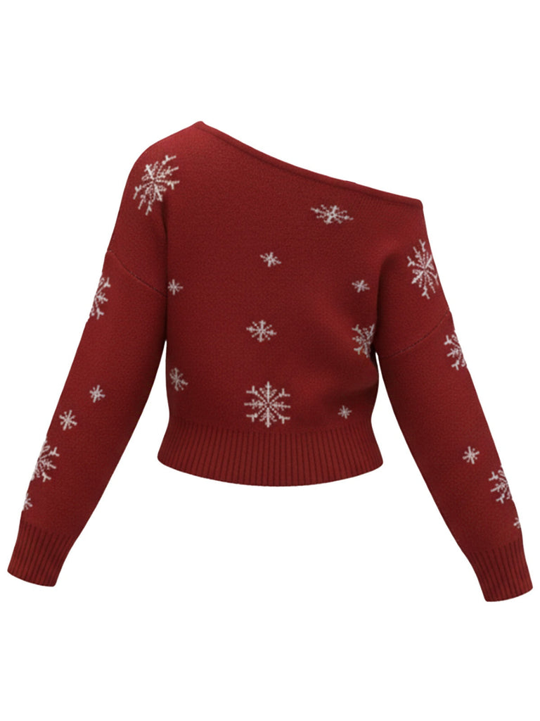 Maglione asimmetrico con spalle scoperte e fiocco di neve natalizio anni '70