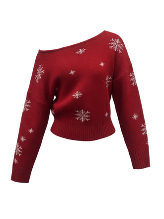 Maglione asimmetrico con spalle scoperte e fiocco di neve natalizio anni '70