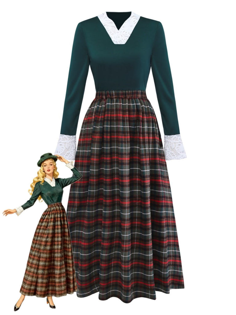 Abito a quadri con scollo a V e patchwork in pizzo verde anni '30