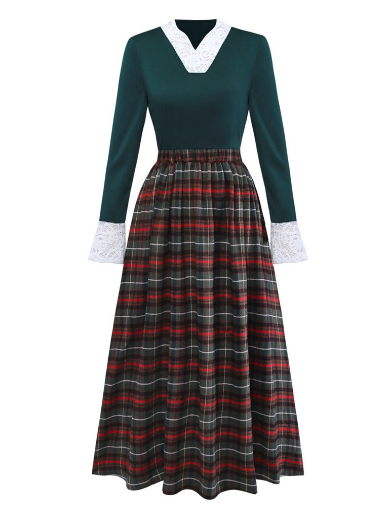 Abito a quadri con scollo a V e patchwork in pizzo verde anni '30
