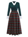 Abito a quadri con scollo a V e patchwork in pizzo verde anni '30