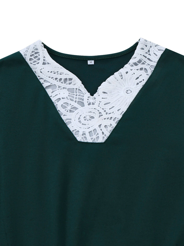 Abito a quadri con scollo a V e patchwork in pizzo verde anni '30