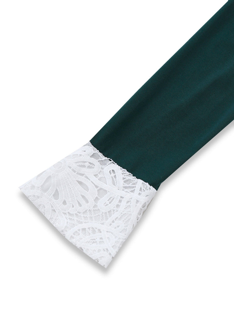 Abito a quadri con scollo a V e patchwork in pizzo verde anni '30