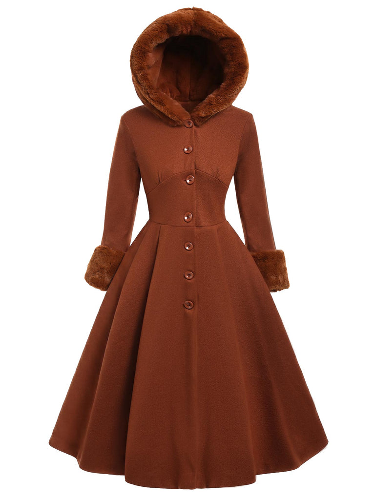 Cappotto con cappuccio e bottoni in finta lana rosa anni '50