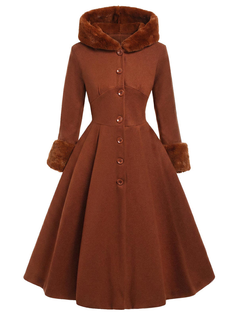 Cappotto con cappuccio e bottoni in finta lana rosa anni '50