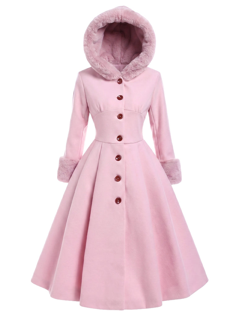 Cappotto con cappuccio e bottoni in finta lana rosa anni '50