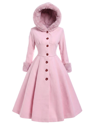 Cappotto con cappuccio e bottoni in finta lana rosa anni '50