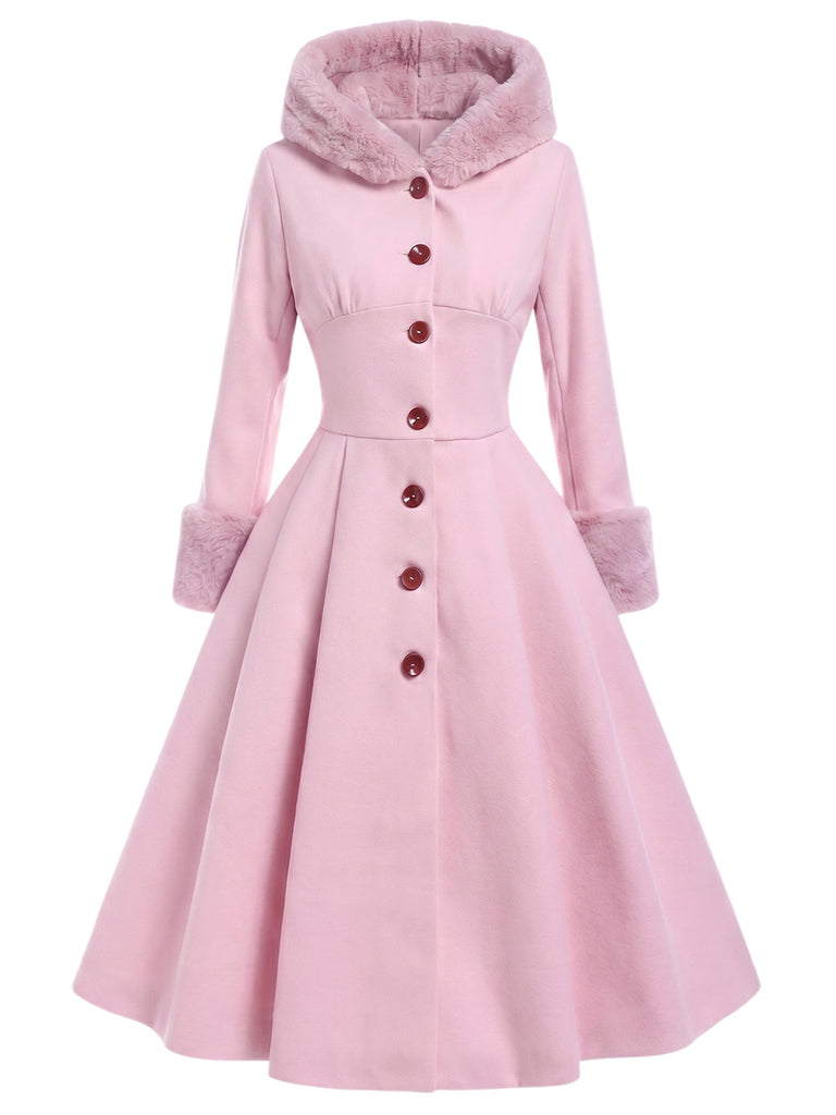 Cappotto con cappuccio e bottoni in finta lana rosa anni '50