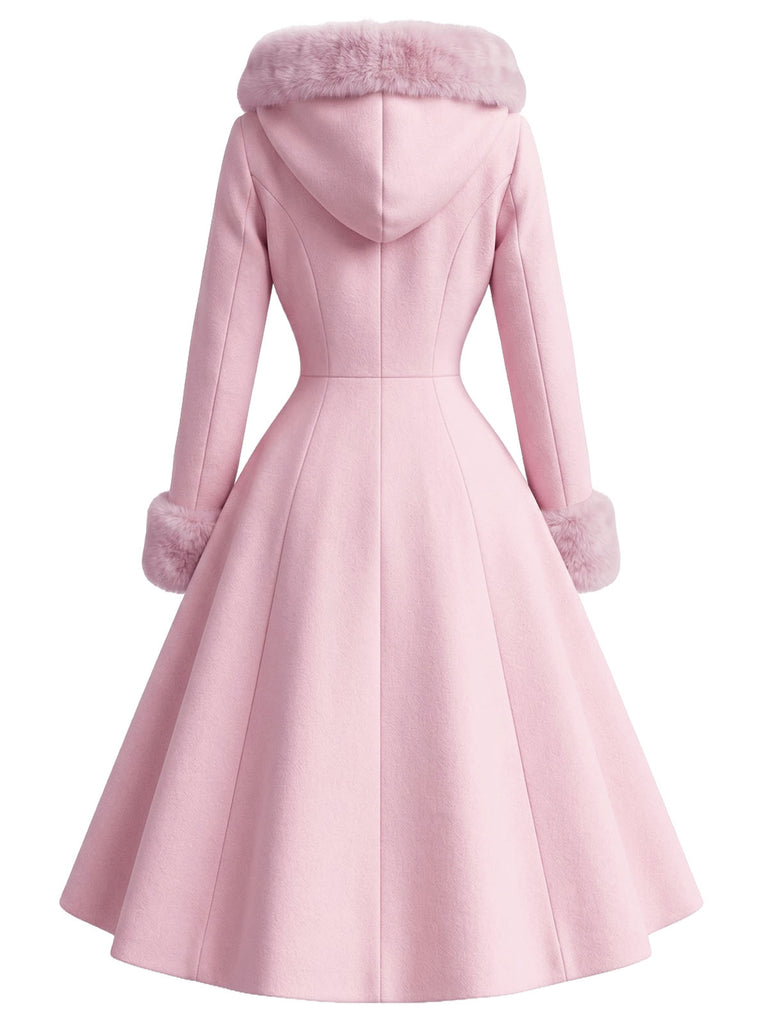 Cappotto con cappuccio e bottoni in finta lana rosa anni '50