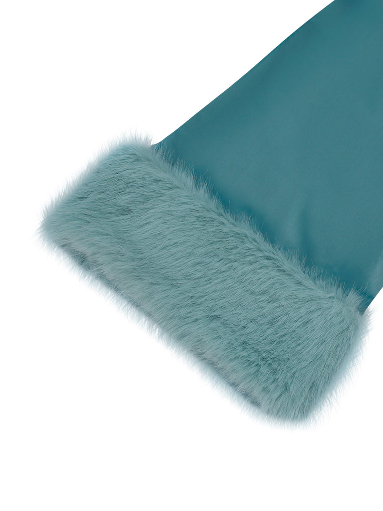 Tuta lunga paillettes e revers in pelliccia blu anni '70