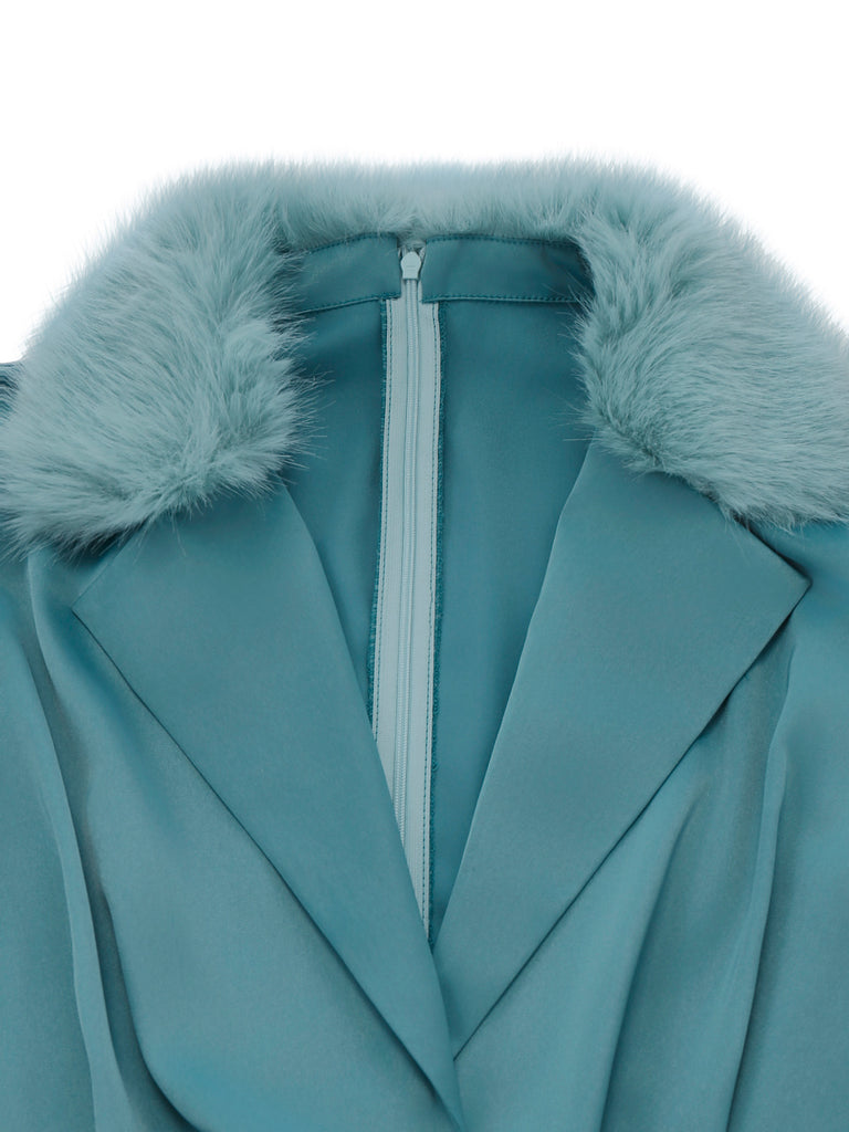 Tuta lunga paillettes e revers in pelliccia blu anni '70