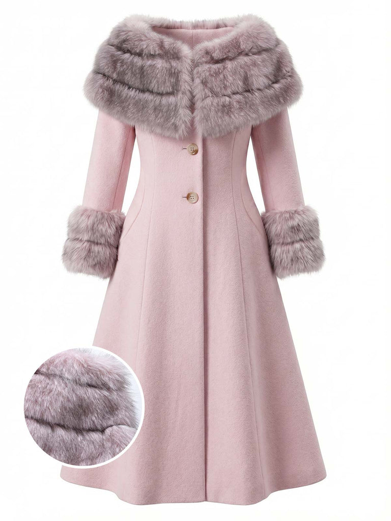 Cappotto con collo di pelliccia multistrato color crema anni '50