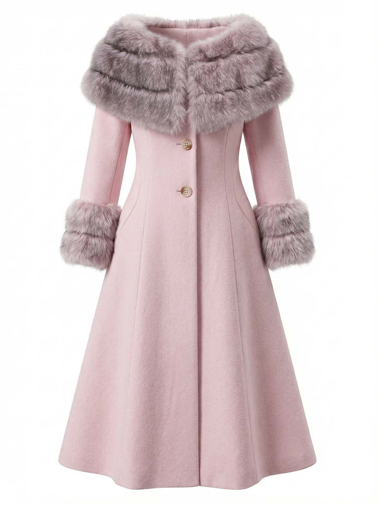 Cappotto con collo di pelliccia multistrato color crema anni '50