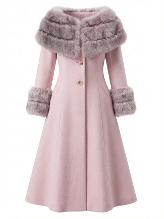 Cappotto con collo di pelliccia multistrato rosa anni '50
