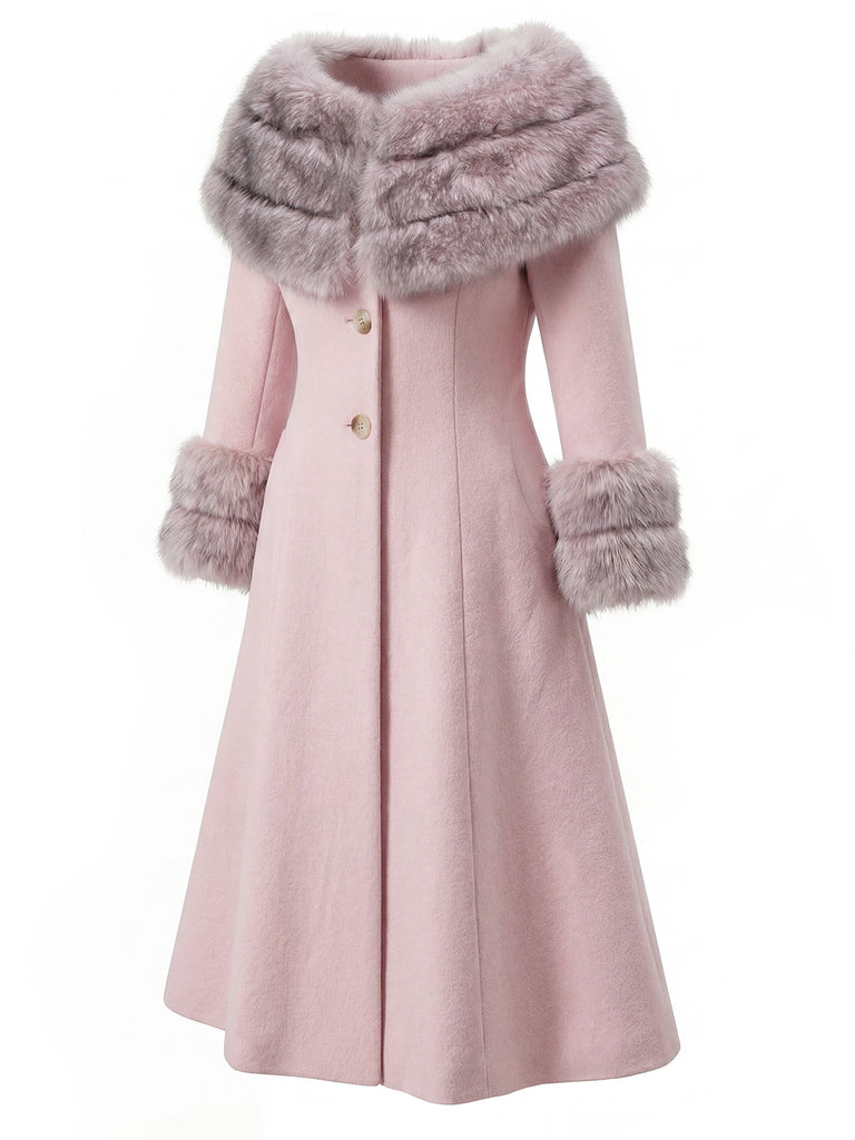 Cappotto con collo di pelliccia multistrato color crema anni '50
