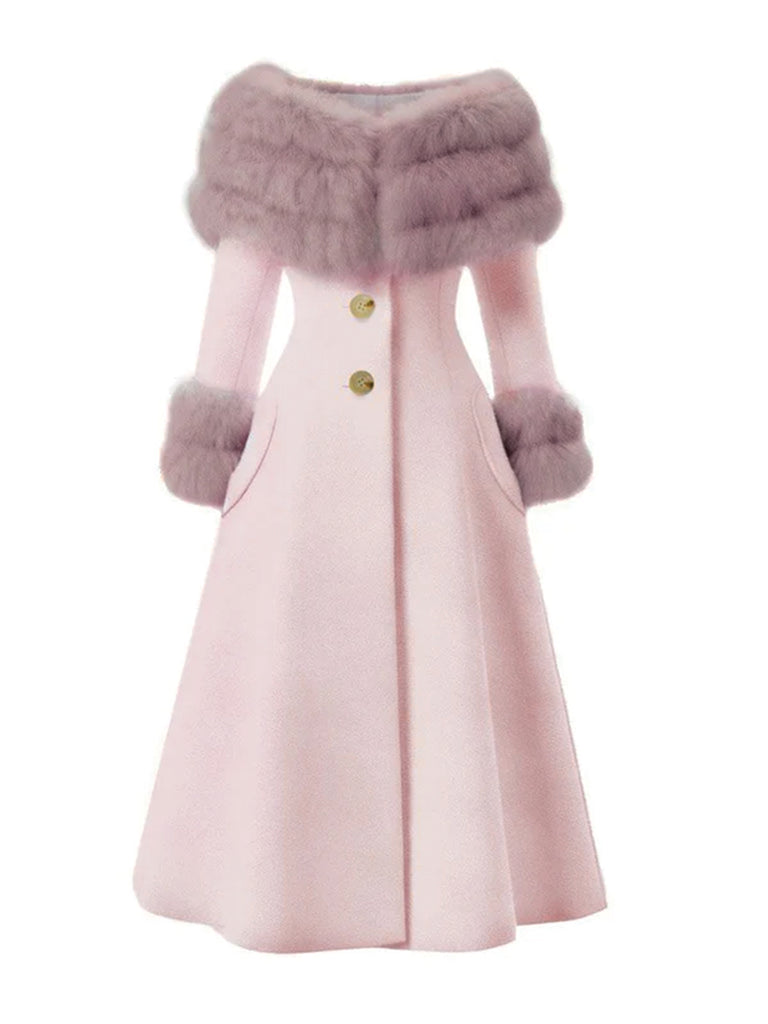 Cappotto con collo di pelliccia multistrato color crema anni '50