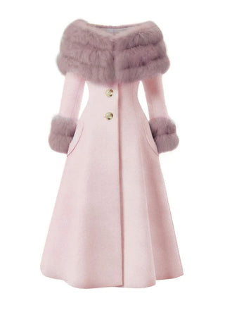 Cappotto con collo di pelliccia multistrato rosa anni '50