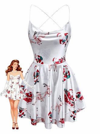 Abito con senza schienale e strati di macchie natalizie bianco anni '60