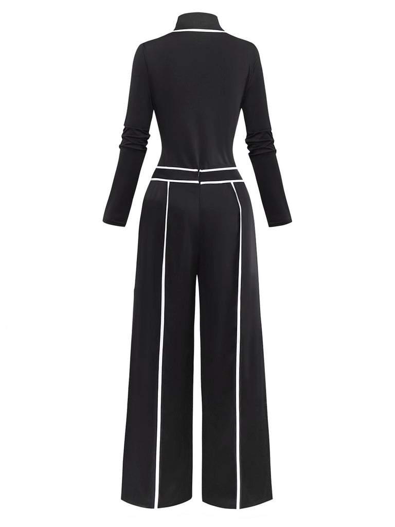 2PCS Top a maglia con collo alto e pantaloni a gamba larga nero anni '30