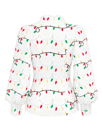 [Prevendita] Camicetta con luci di Natale e collo annodato bianco anni '50