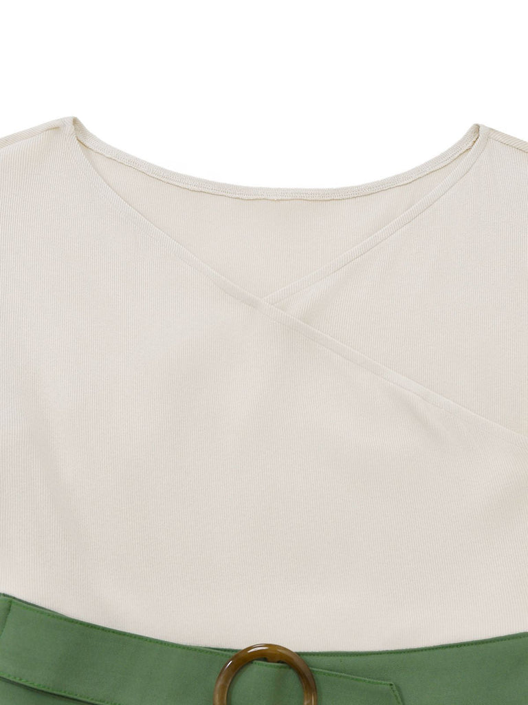 [Prevendita] Abito plissettato in maglia con spalle scoperte beige e verde anni '50
