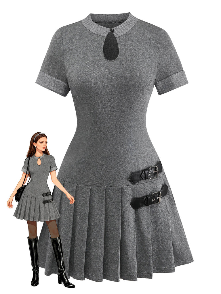 [Prevendita] Abito plissettato in maglia e pelle con fibbia grigio anni '70