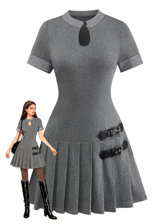 [Prevendita] Abito plissettato in maglia e pelle con fibbia grigio anni '70