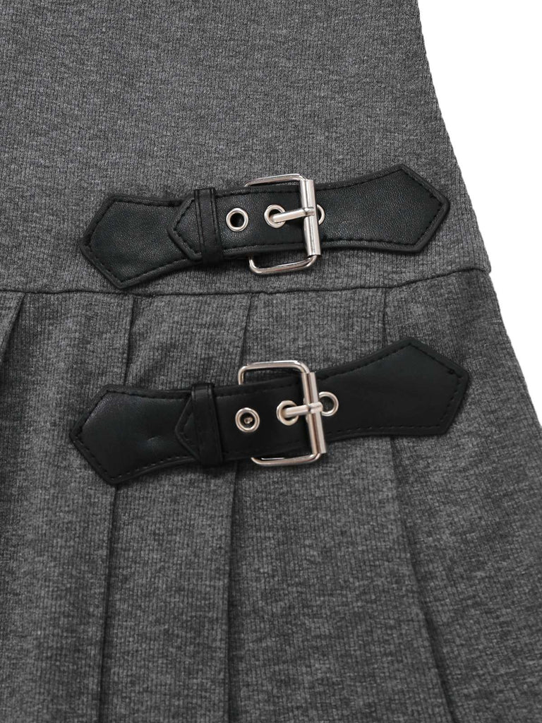 [Prevendita] Abito plissettato in maglia e pelle con fibbia grigio anni '70