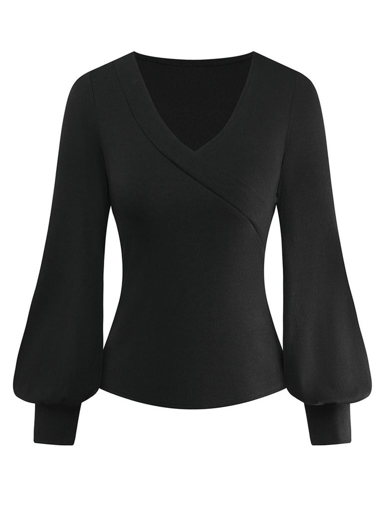 Maglia con scollo a V e maniche a lanterna nero anni '50