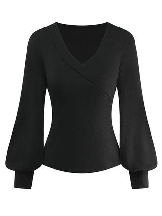 Maglia con scollo a V e maniche a lanterna nero anni '50