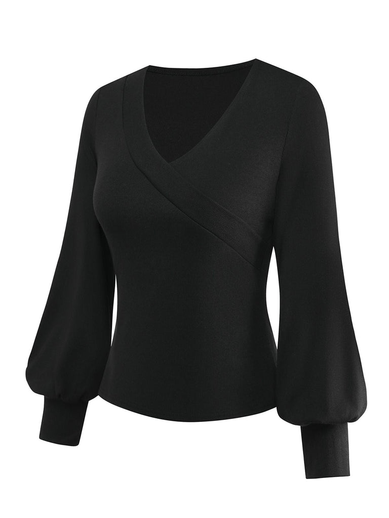 Maglia con scollo a V e maniche a lanterna nero anni '50