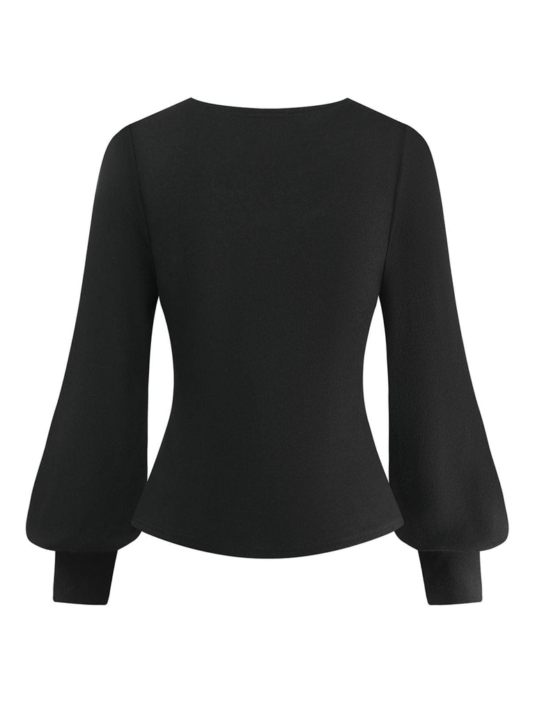 Maglia con scollo a V e maniche a lanterna nero anni '50