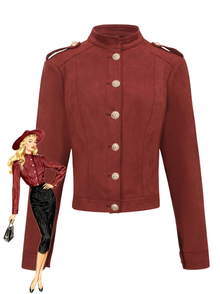 Giacca corta in pelle scamosciata con collo alto marrone anni '80