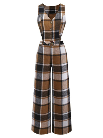 2PCS Gilet a quadri senza maniche in finta lana e pantaloni cachi anni '50