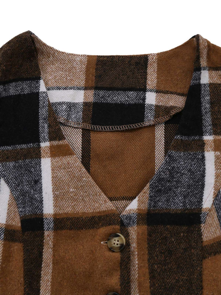 2PCS Gilet a quadri senza maniche in finta lana e pantaloni cachi anni '50