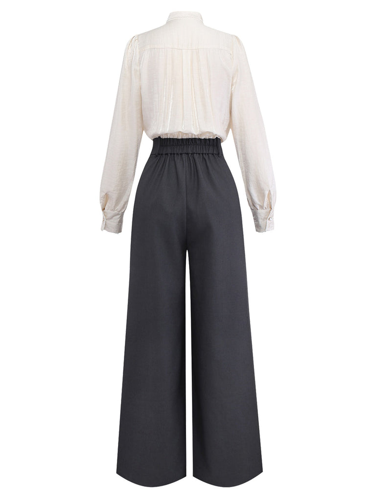 [Prevendita] Tuta lunga con fiocco al collo e perle beige anni '50