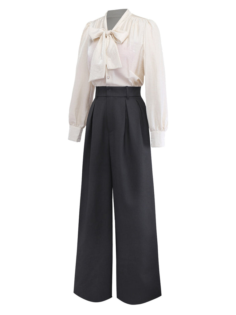 [Prevendita] Tuta lunga con fiocco al collo e perle beige anni '50